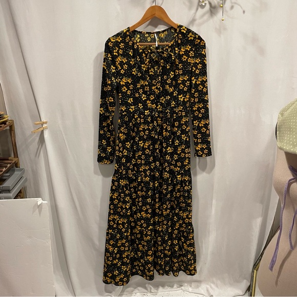 Free people black yellow floral maxi boho ruffle dress adorable - Picture 6 of 7